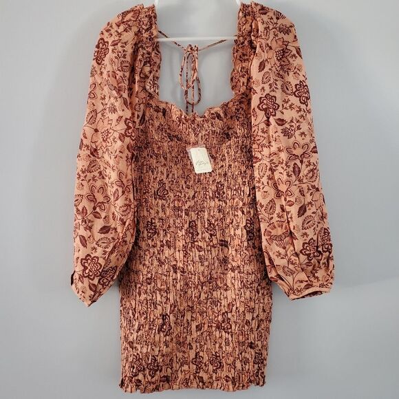 Free People Smock It To Me Mini Dress Apricot Combo - Picture 4 of 7